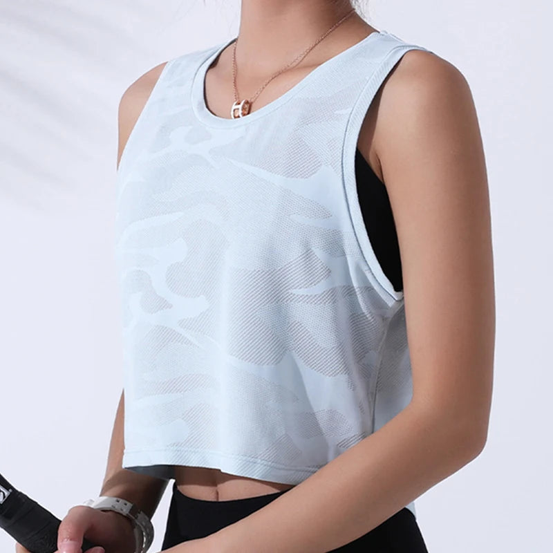 Damen Camouflage Crop Top – Ärmelloses Mesh-Vest für Yoga, Gym & Running