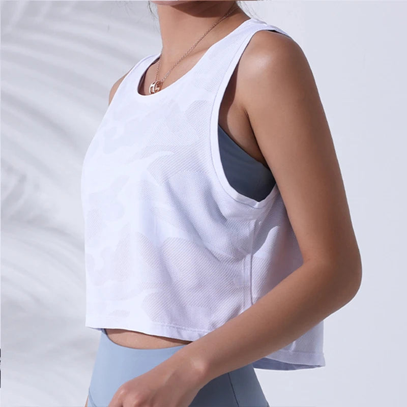 Damen Camouflage Crop Top – Ärmelloses Mesh-Vest für Yoga, Gym & Running