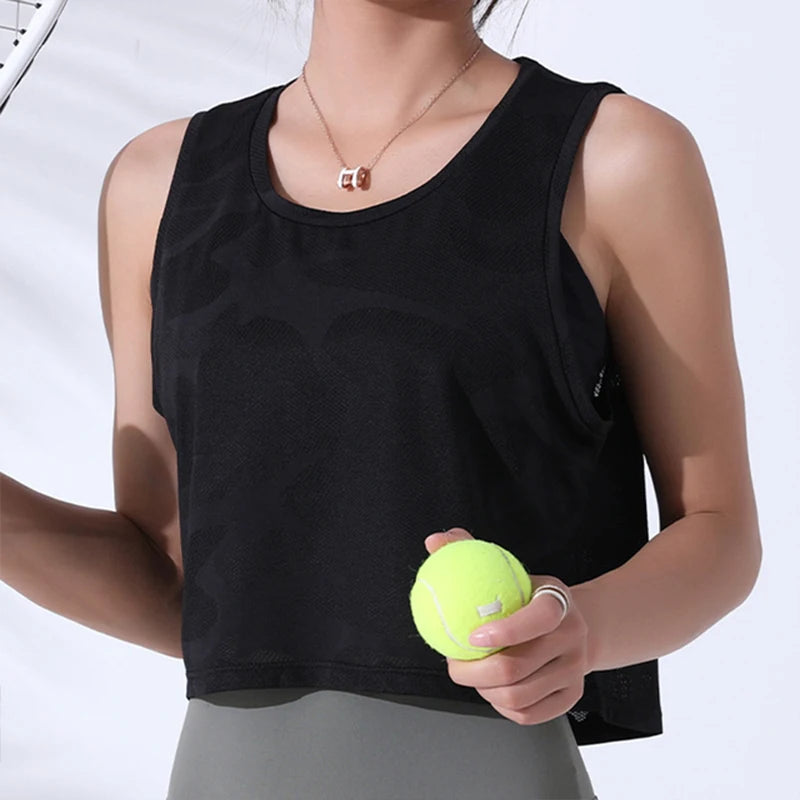 Damen Camouflage Crop Top – Ärmelloses Mesh-Vest für Yoga, Gym & Running
