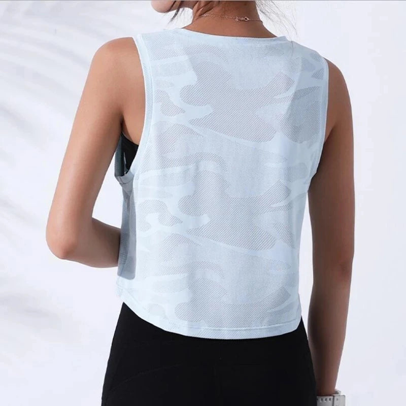 Damen Camouflage Crop Top – Ärmelloses Mesh-Vest für Yoga, Gym & Running