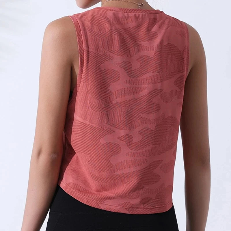 Damen Camouflage Crop Top – Ärmelloses Mesh-Vest für Yoga, Gym & Running
