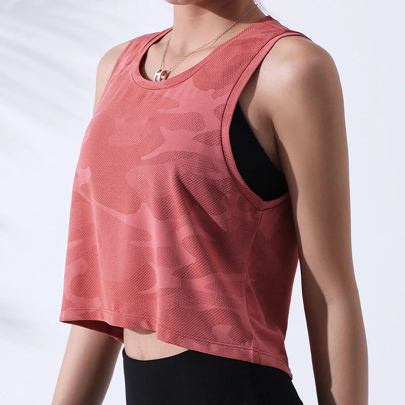 Damen Camouflage Crop Top – Ärmelloses Mesh-Vest für Yoga, Gym & Running