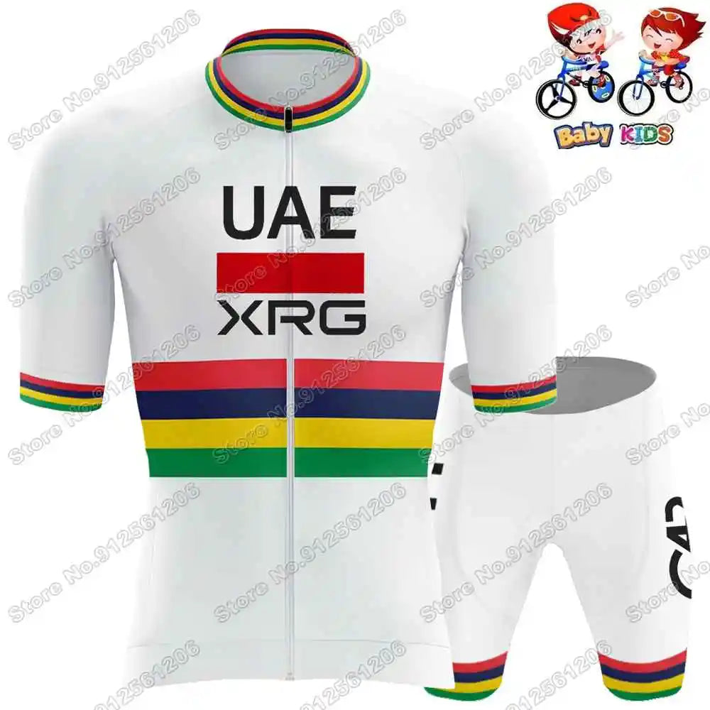 Kinder Radtrikot-Set UAE Team 2026 – Tadej Pogačar Design, Kurzarm, Gel-Polster, Größen XS–4XL