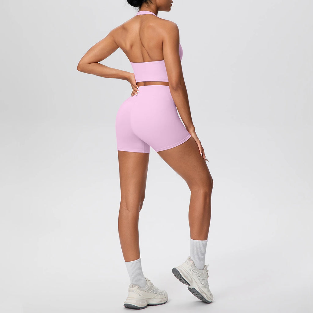 Damen Yoga-Set 2-teilig – High-Waist Shorts & Rückenfreier Neckholder-BH