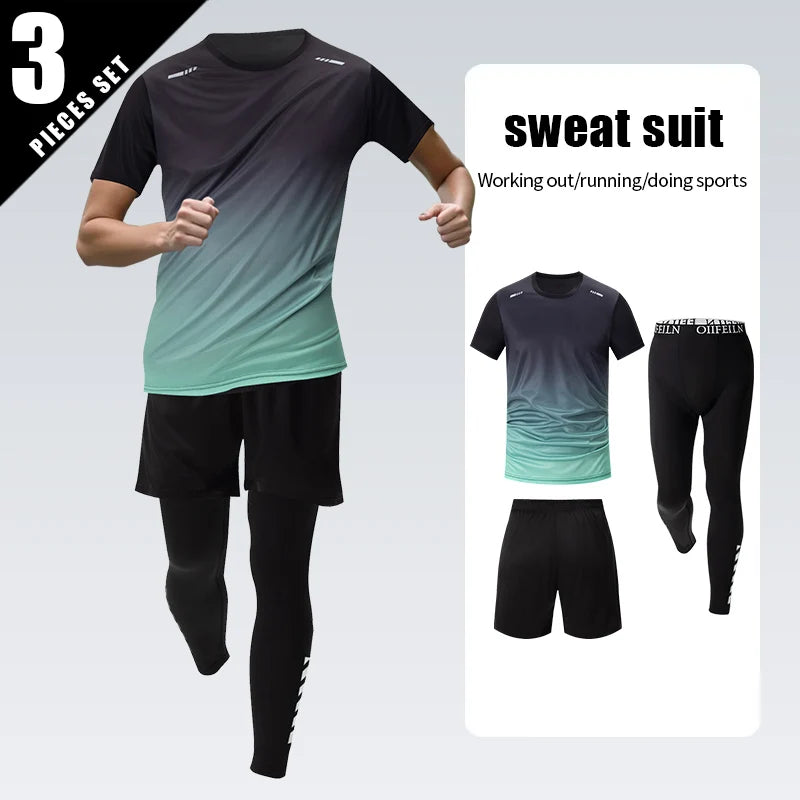 3-teiliges Herren Sportset – Kurzarm, Shorts & Hose | Farbverlauf, schnelltrocknend, UV-Schutz | S–XXL