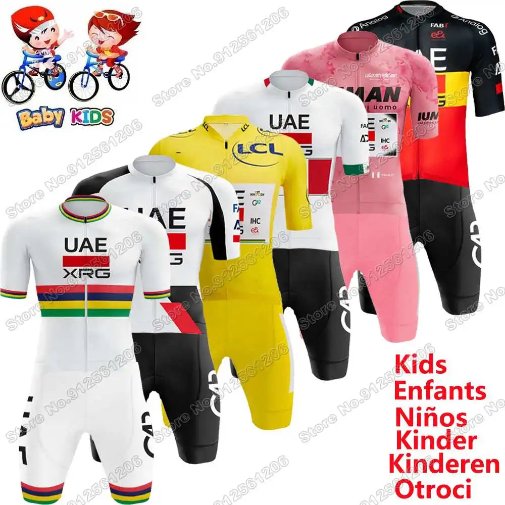 Kinder Radtrikot-Set UAE Team 2026 – Tadej Pogačar Design, Kurzarm, Gel-Polster, Größen XS–4XL