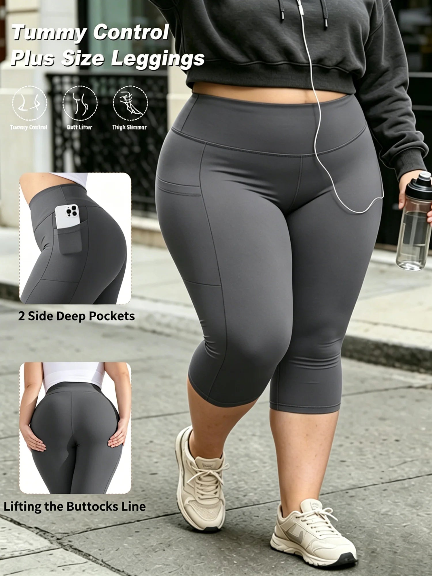 Damen Capri Leggings Plus Size – High Waist, Tummy Control, mit Taschen