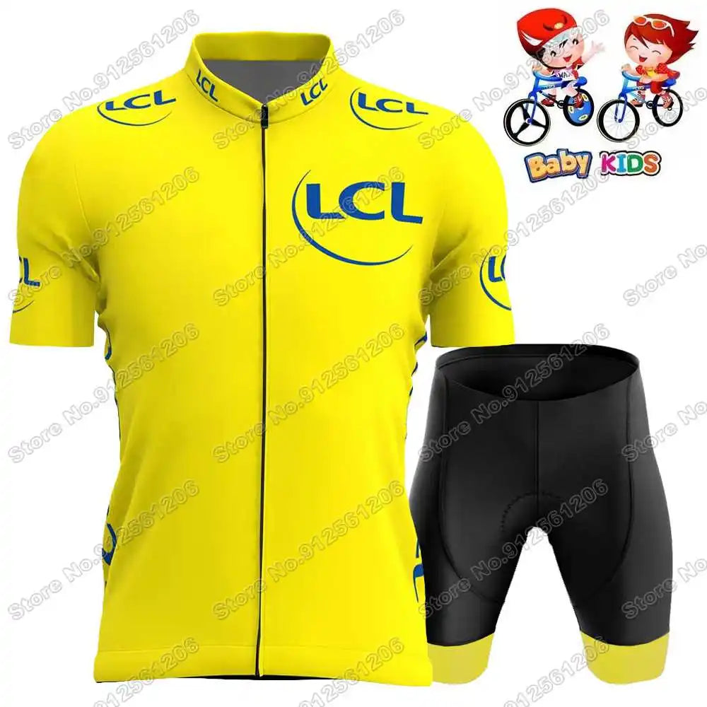 2026 Kids France Tour Cycling Jersey Set Yellow Green Red Polka Dot Boys Girls Cycling Clothing Children Road Bike Shirt Pants