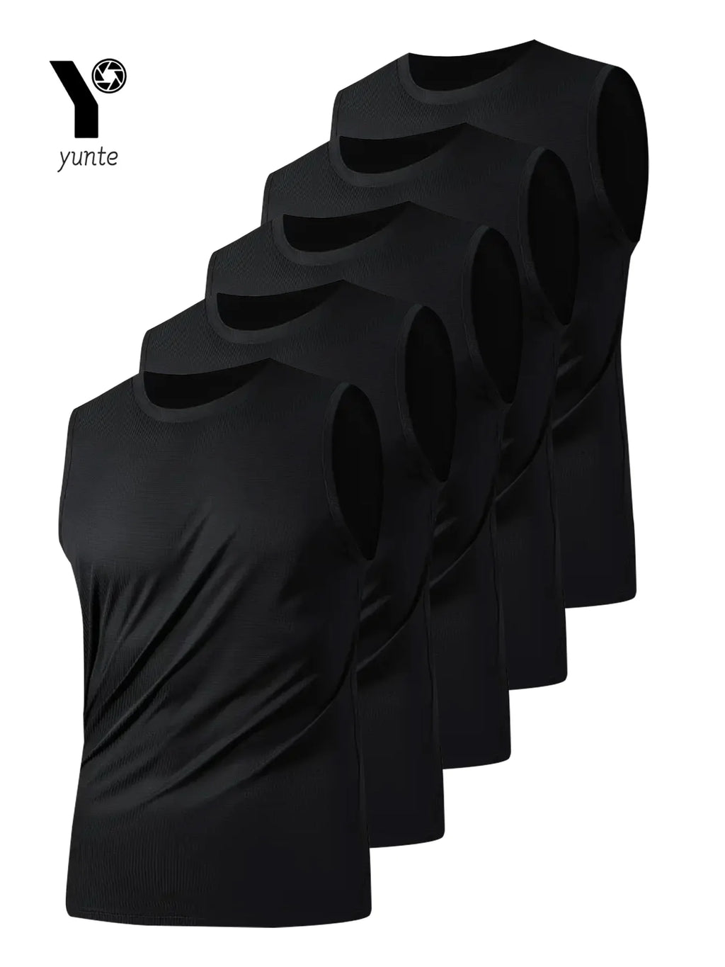 Men's Sports Vest Black 5-Piece Breathable Round Neck Slightly Elastic Fabric Pure Color Suitable for Spring, Summer and Autumn