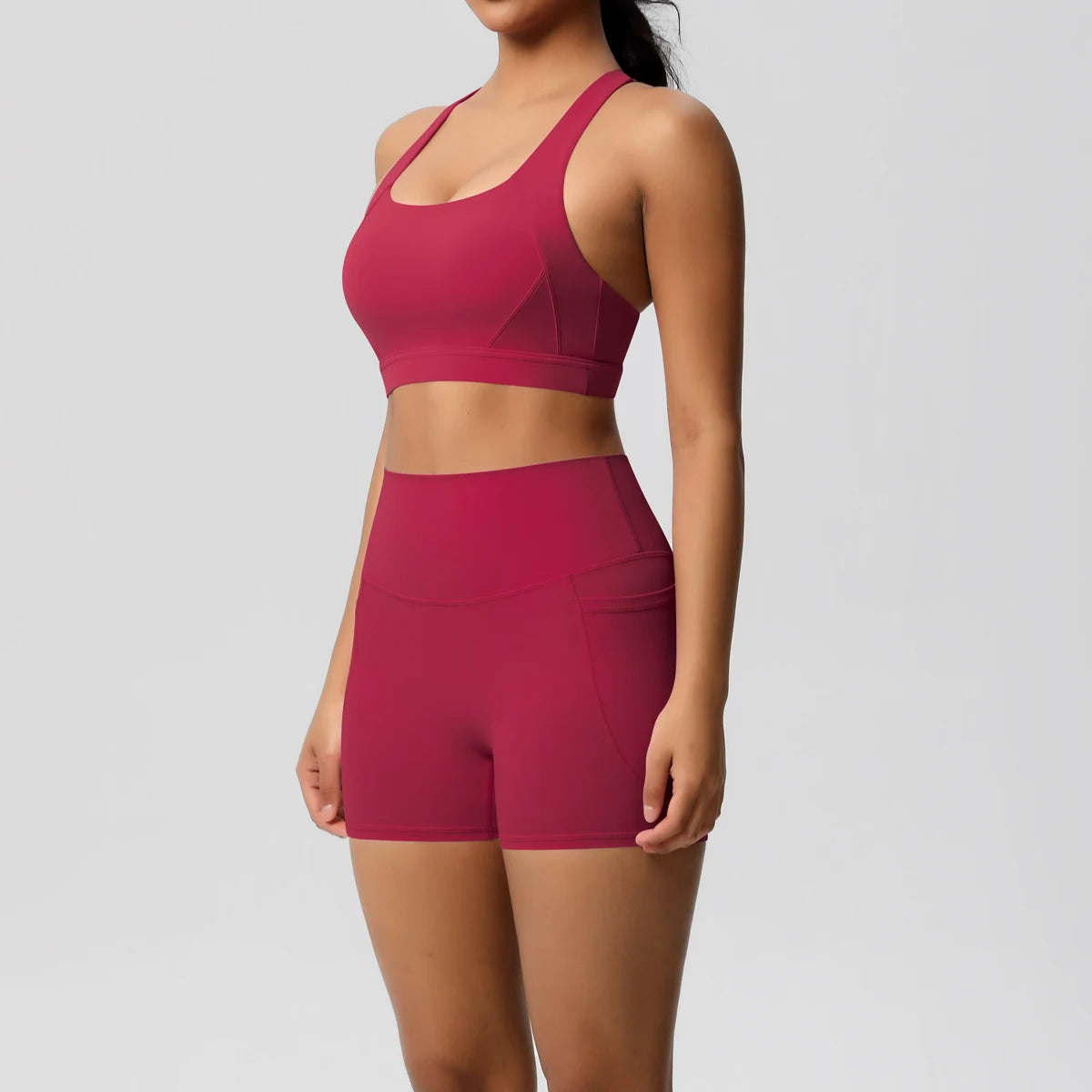 Damen Sport-Set 2-teilig mit Taschen – Crossover-BH & Leggings / Shorts für Yoga & Gym