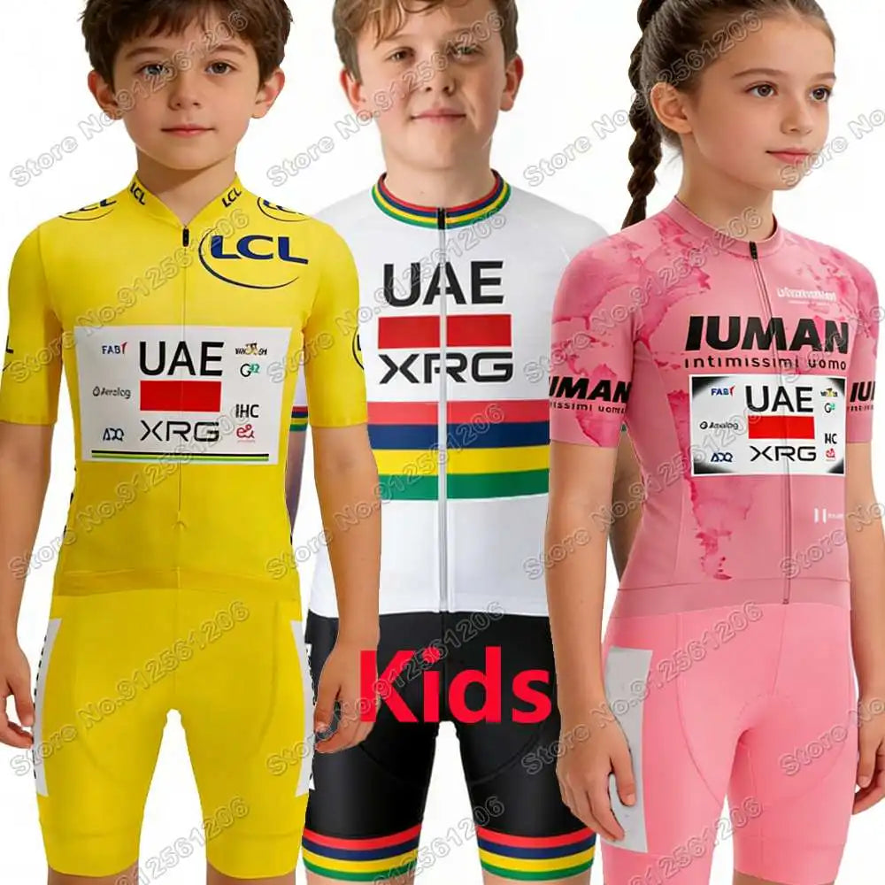Kinder Radtrikot-Set UAE Team 2026 – Tadej Pogačar Design, Kurzarm, Gel-Polster, Größen XS–4XL