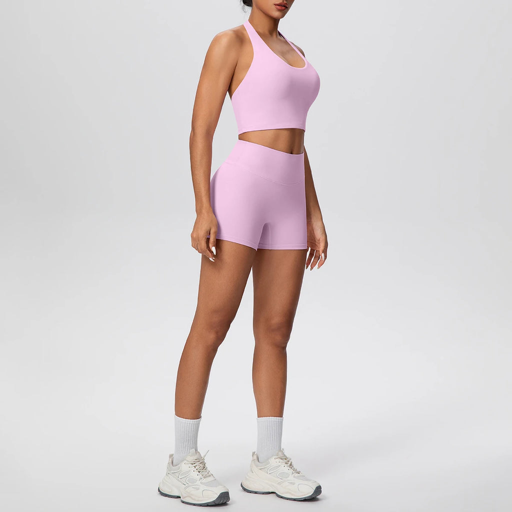 Damen Yoga-Set 2-teilig – High-Waist Shorts & Rückenfreier Neckholder-BH