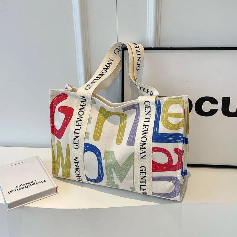 Damen Canvas Shopping Bag – Letter Print, Großes Fassungsvermögen, Öko & Wiederverwendbar