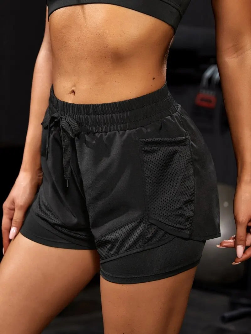 Damen Sport-Shorts mit Taschen | Elastisch, Yoga & Laufen – 2-in-1 Leggings-Look