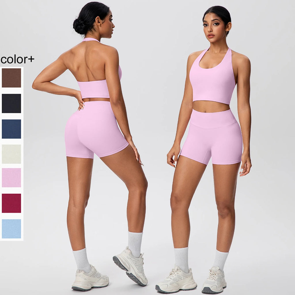 Damen Yoga-Set 2-teilig – High-Waist Shorts & Rückenfreier Neckholder-BH
