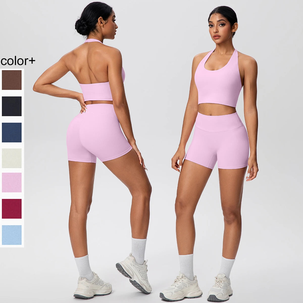 Damen Yoga-Set 2-teilig – High-Waist Shorts & Rückenfreier Neckholder-BH