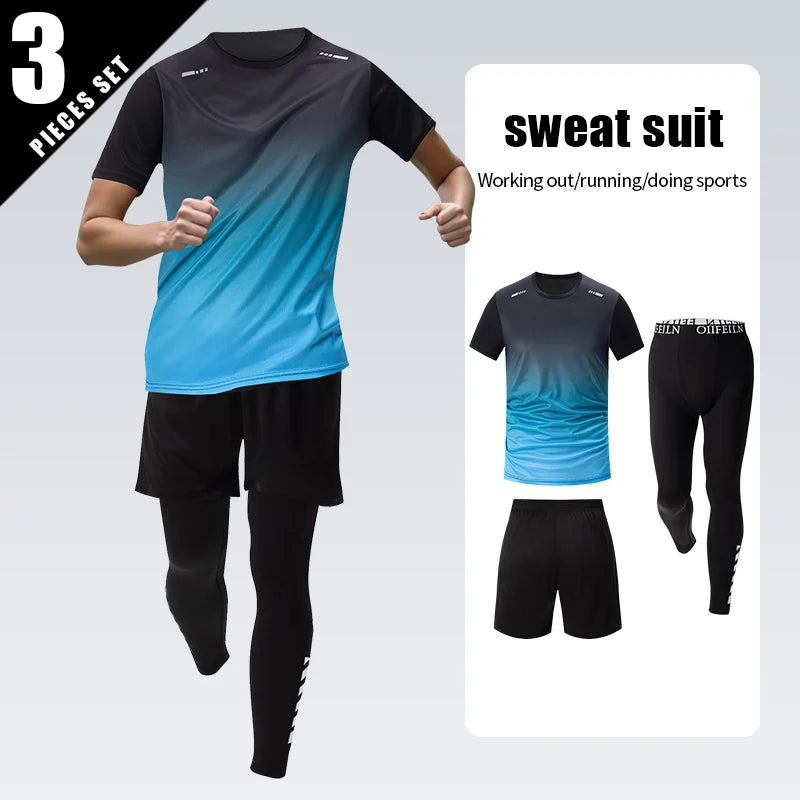 3-teiliges Herren Sportset – Kurzarm, Shorts & Hose | Farbverlauf, schnelltrocknend, UV-Schutz | S–XXL