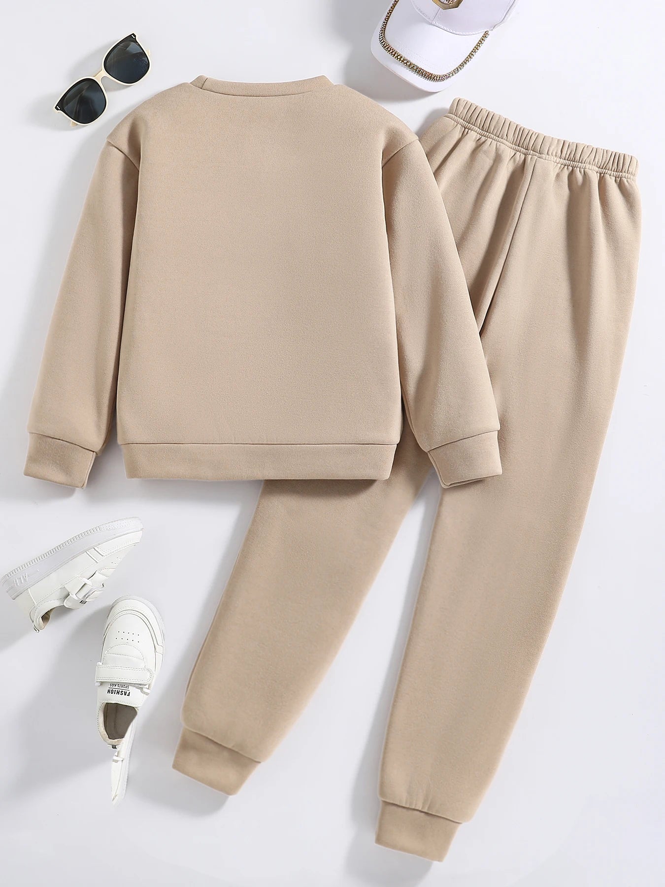 Mädchen 2-teiliges Set | Khaki, Rundhals, Langarm + Sporthose, Frühling/Herbst, 8–12 Jahre