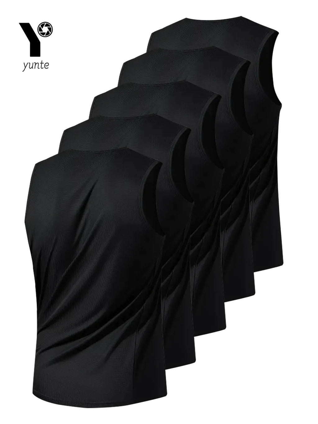 Men's Sports Vest Black 5-Piece Breathable Round Neck Slightly Elastic Fabric Pure Color Suitable for Spring, Summer and Autumn