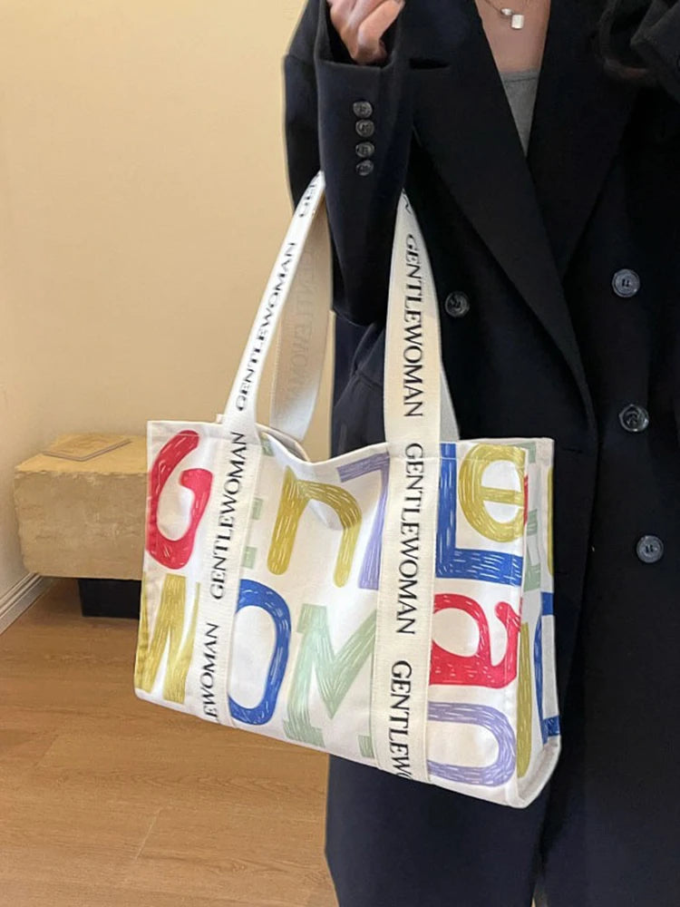Damen Canvas Shopping Bag – Letter Print, Großes Fassungsvermögen, Öko & Wiederverwendbar