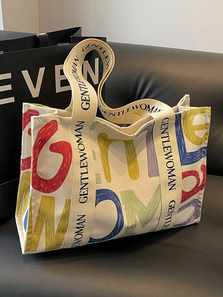 Damen Canvas Shopping Bag – Letter Print, Großes Fassungsvermögen, Öko & Wiederverwendbar
