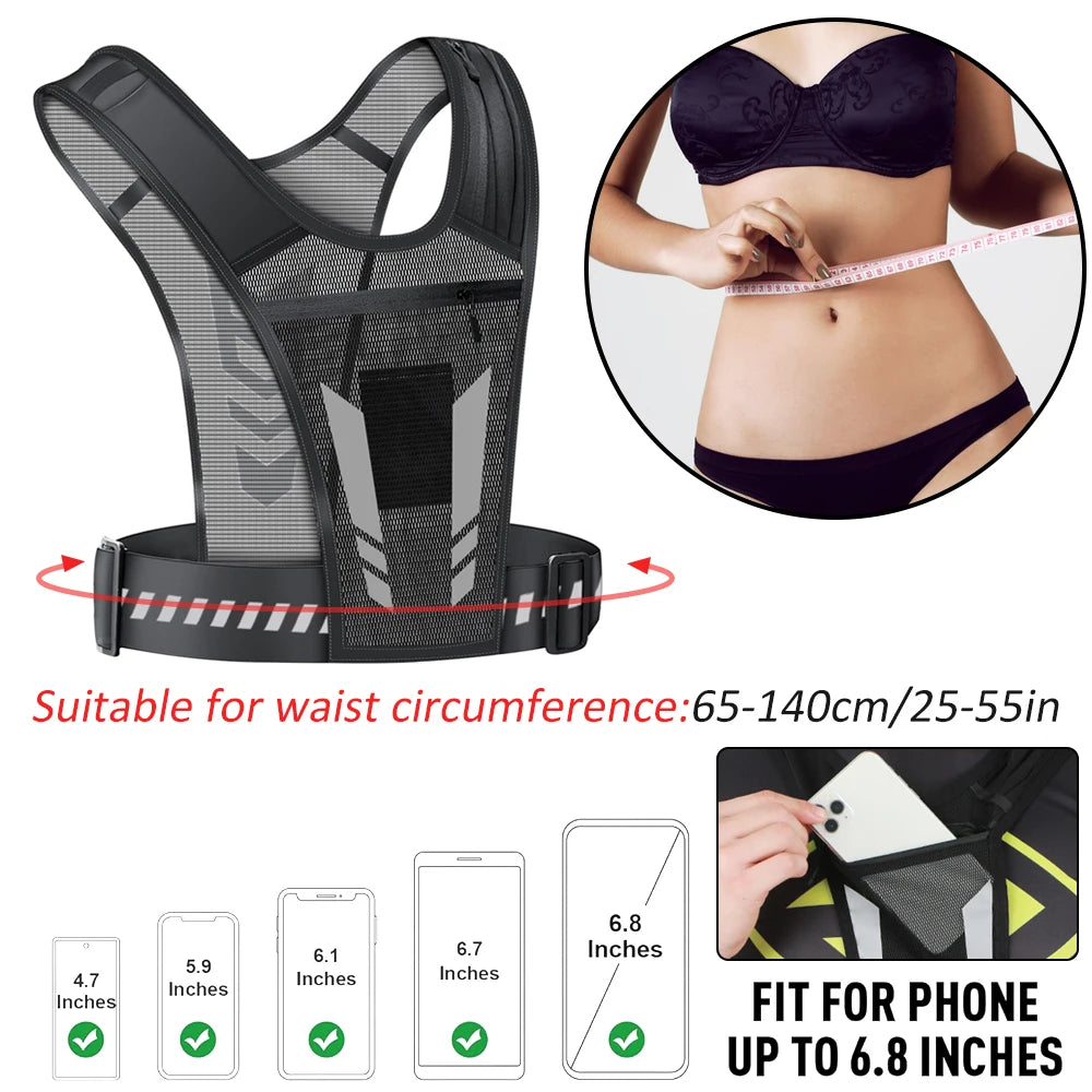 Reflektionsweste mit Handytasche & Schlüsselfach | Verstellbar für Damen & Herren – Laufen, Joggen, Gym