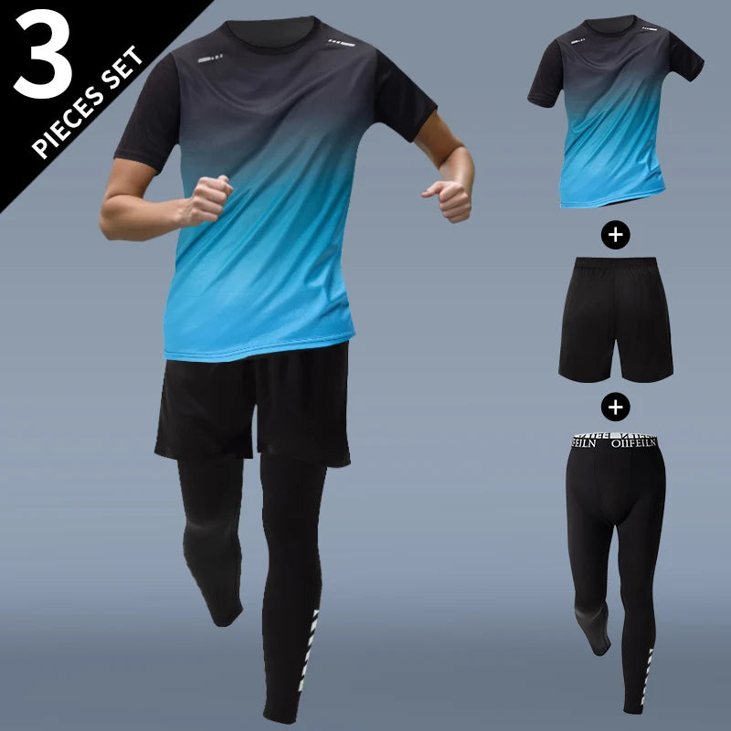 3-teiliges Herren Sportset – Kurzarm, Shorts & Hose | Farbverlauf, schnelltrocknend, UV-Schutz | S–XXL