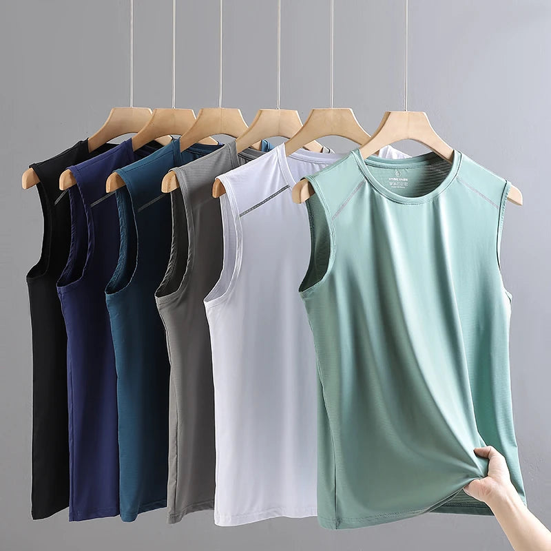 Summer Ice Silk Breathable and Sweat-absorbing Quick Drying Men's Sleeveless T-shirt Soft and Comfortable Men's Top