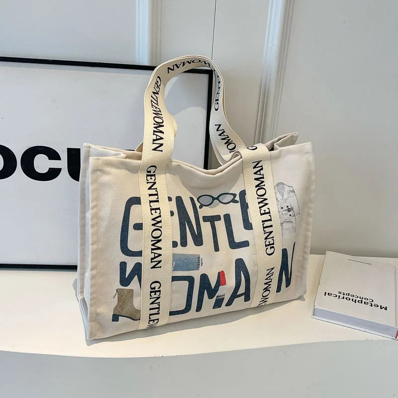 Damen Canvas Shopping Bag – Letter Print, Großes Fassungsvermögen, Öko & Wiederverwendbar