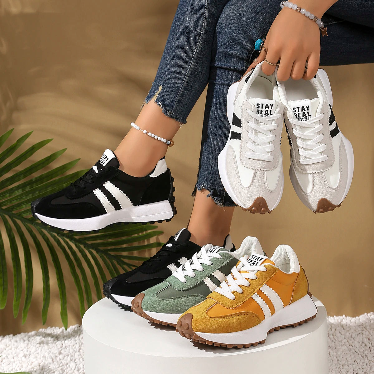 Damen Sneaker mit dicker Sohle – rutschfest, Schnürung, Frühling & Herbst