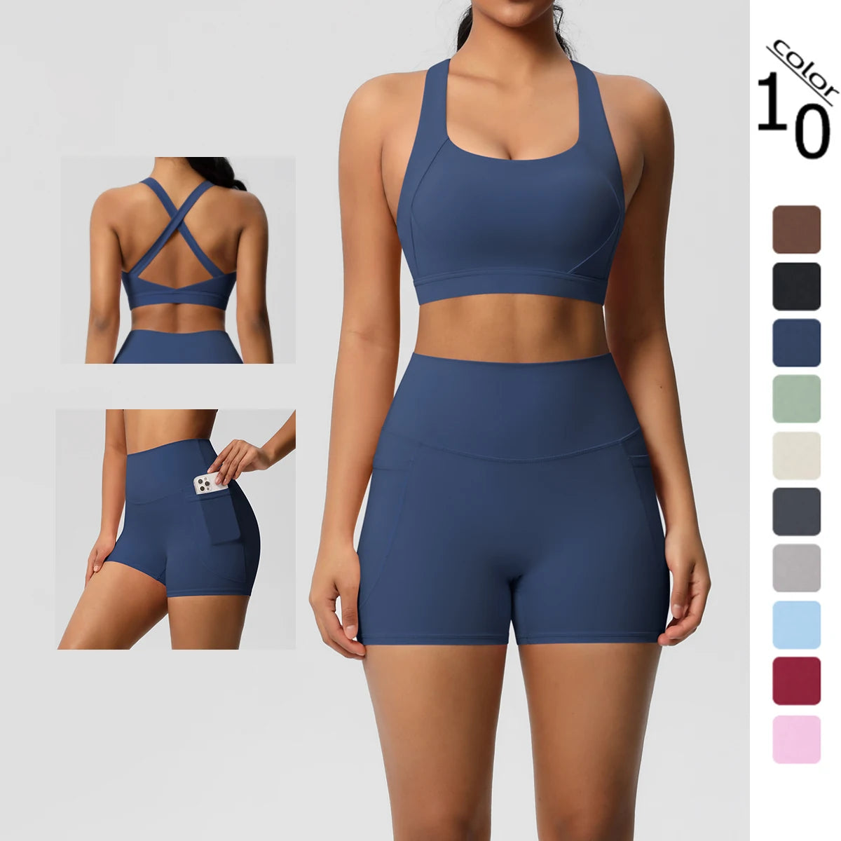 Damen Sport-Set 2-teilig mit Taschen – Crossover-BH & Leggings / Shorts für Yoga & Gym