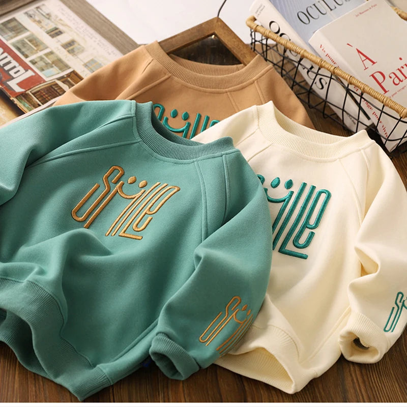Jungen Sweatshirt – Letter & Smile Print, Langarm, Größen 3–12 Jahre