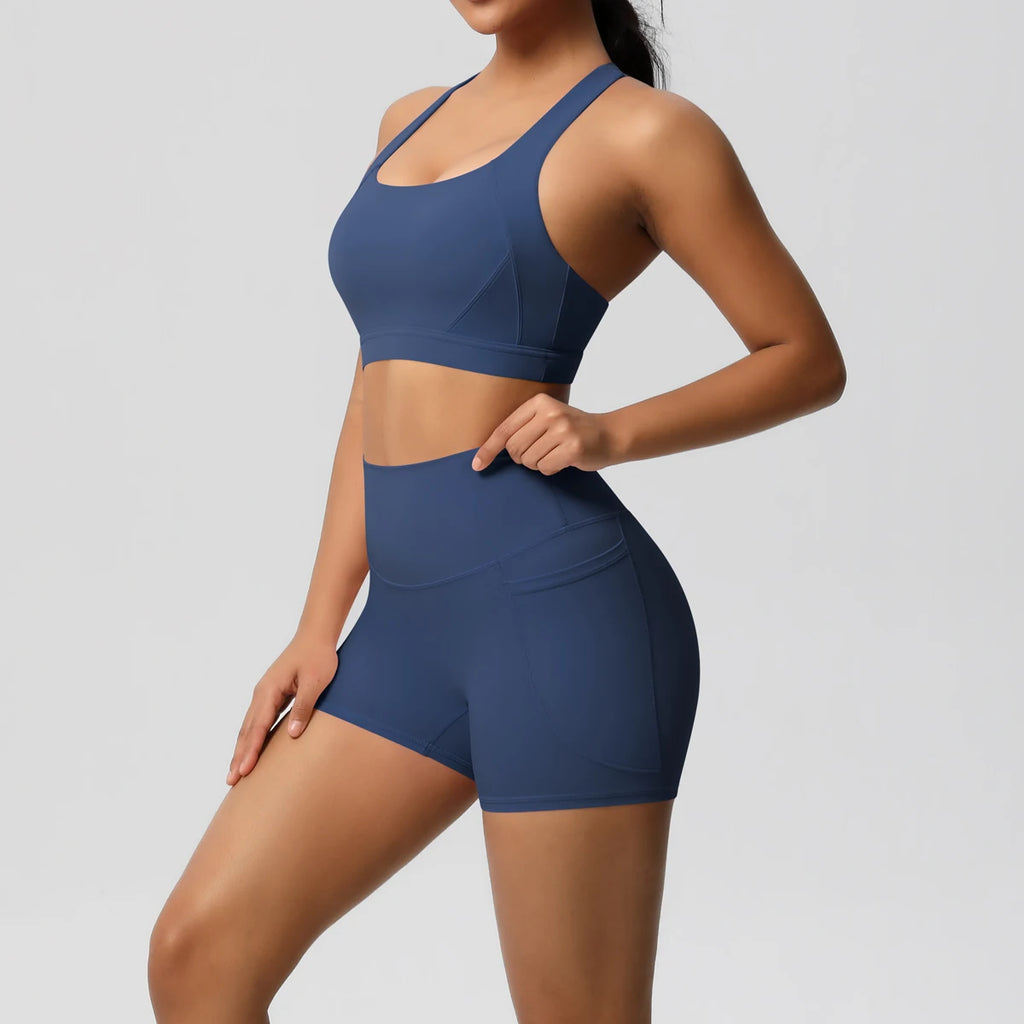 Damen Sport-Set 2-teilig mit Taschen – Crossover-BH & Leggings / Shorts für Yoga & Gym