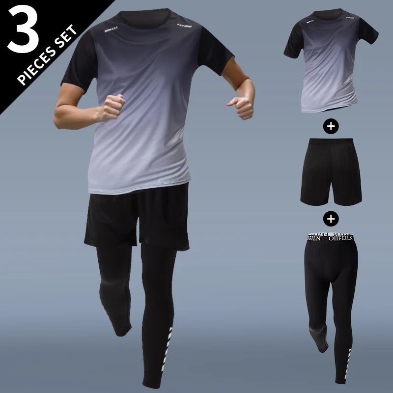 3-teiliges Herren Sportset – Kurzarm, Shorts & Hose | Farbverlauf, schnelltrocknend, UV-Schutz | S–XXL