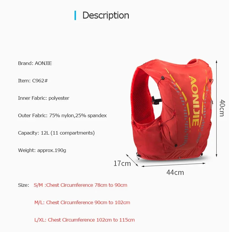 AONIJIE C962 Hydrationsweste 12L – Trailrunning, Wandern & Marathon | Softflask & Trinkblase | Unisex