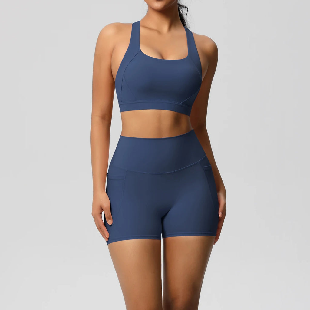 Damen Sport-Set 2-teilig mit Taschen – Crossover-BH & Leggings / Shorts für Yoga & Gym