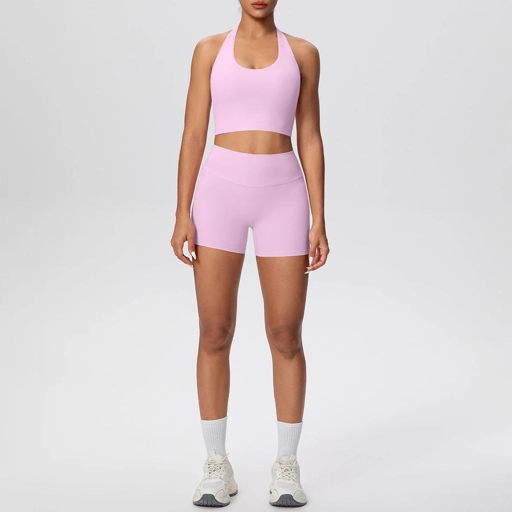 Damen Yoga-Set 2-teilig – High-Waist Shorts & Rückenfreier Neckholder-BH