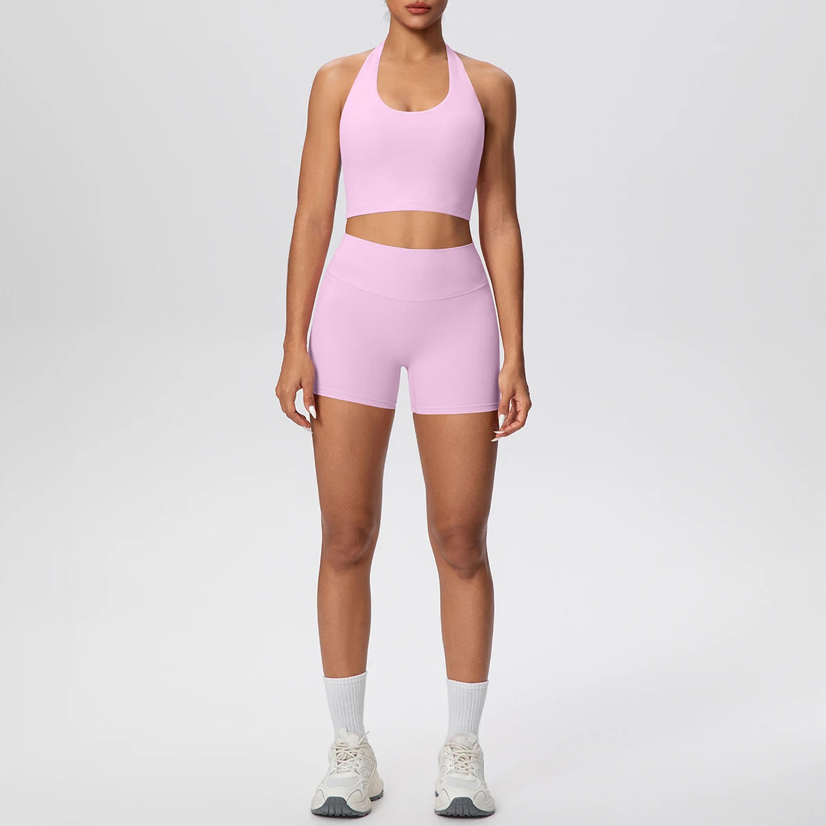 Damen Yoga-Set 2-teilig – High-Waist Shorts & Rückenfreier Neckholder-BH