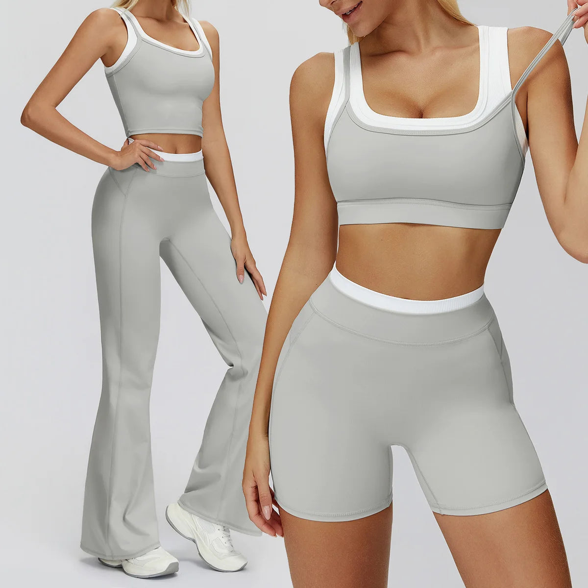 Damen Yoga Set 2-teilig – Sport-BH & Shorts / Schlaghose / Tankrock aus Nylon-Elasthan