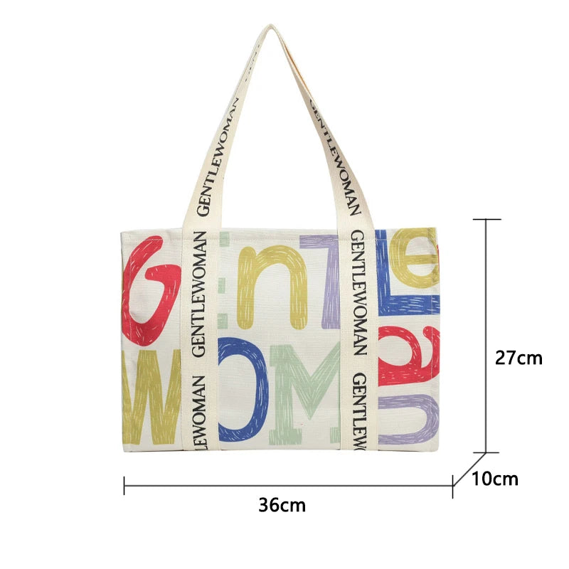 Damen Canvas Shopping Bag – Letter Print, Großes Fassungsvermögen, Öko & Wiederverwendbar