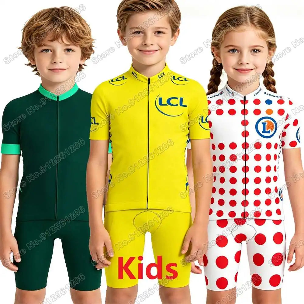 2026 Kids France Tour Cycling Jersey Set Yellow Green Red Polka Dot Boys Girls Cycling Clothing Children Road Bike Shirt Pants