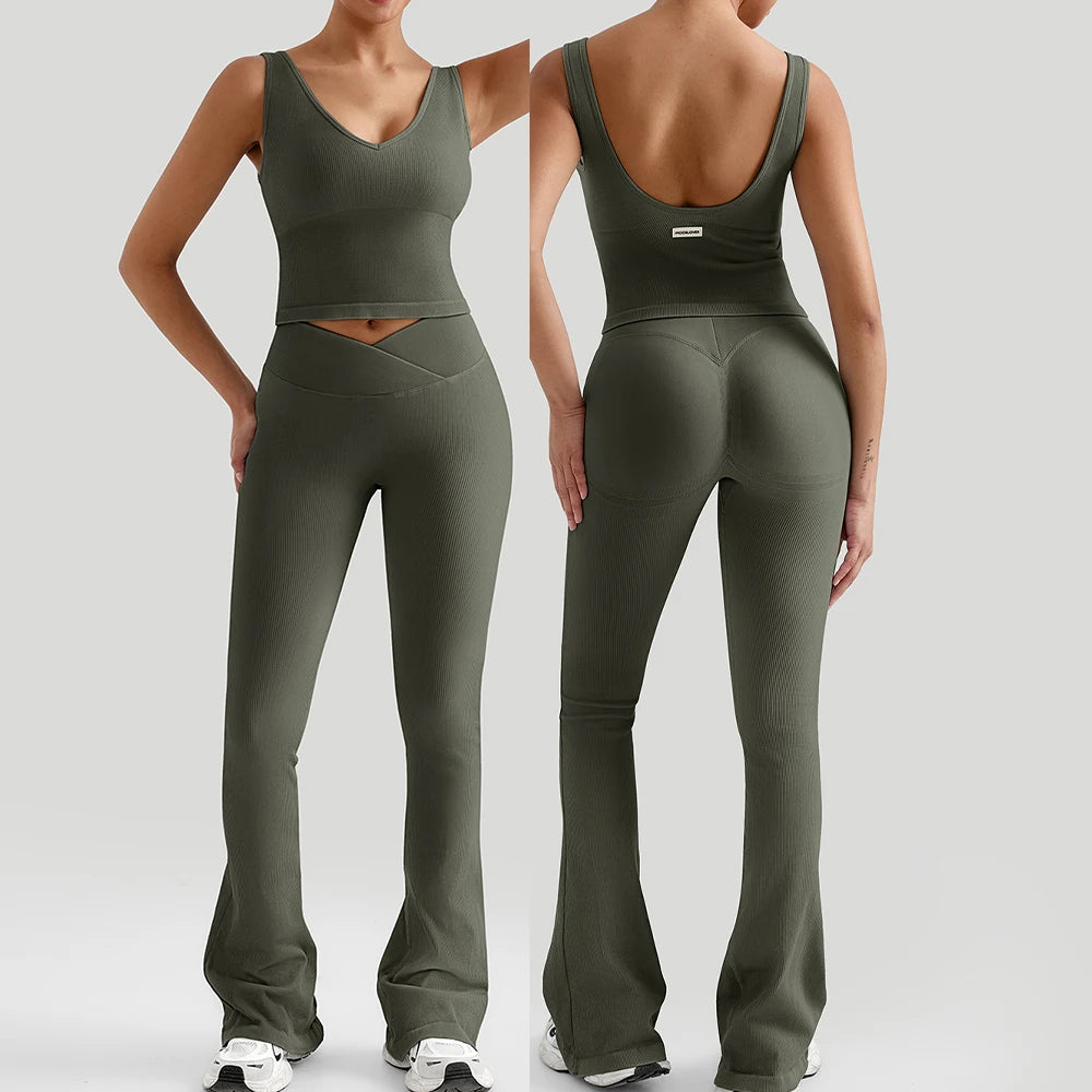 Geripptes Yoga Set Damen – Sport-BH, Weste & Schlaghose mit V-Bund | Gym Tracksuit