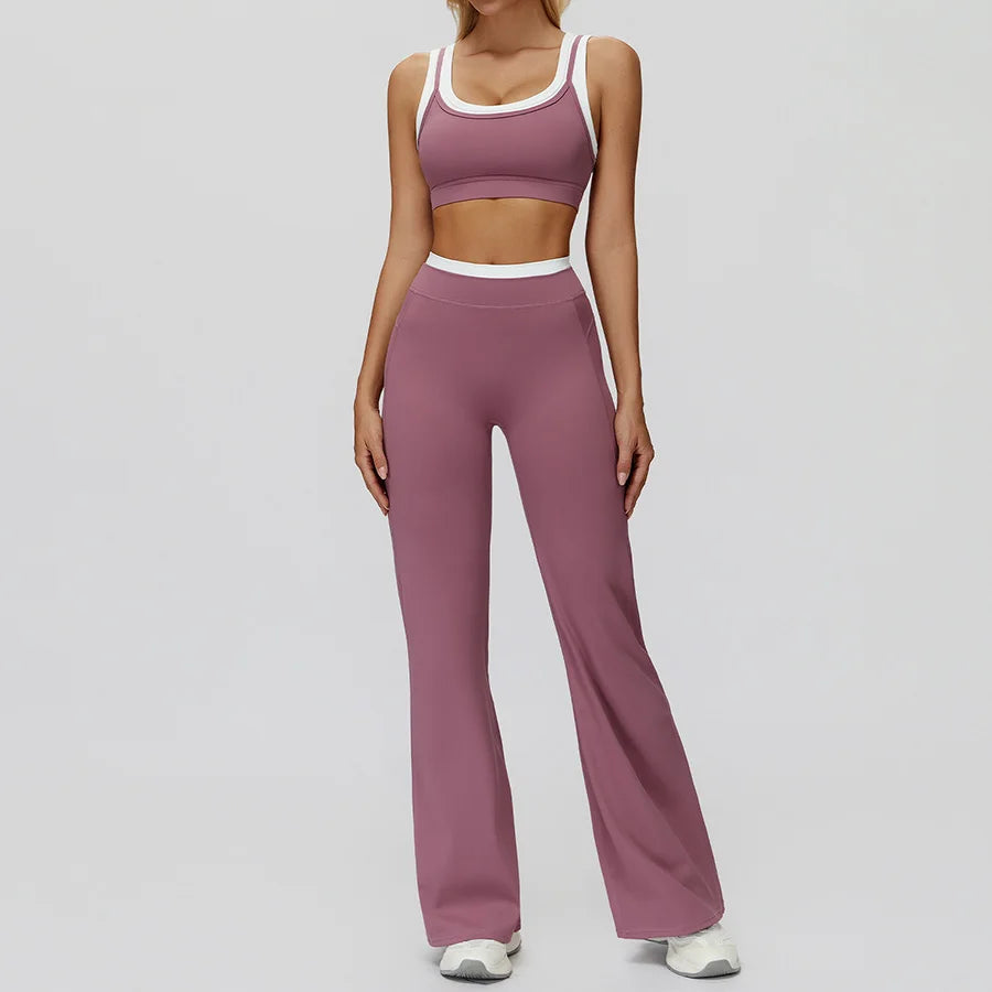 Damen Yoga Set 2-teilig – Sport-BH & Shorts / Schlaghose / Tankrock aus Nylon-Elasthan