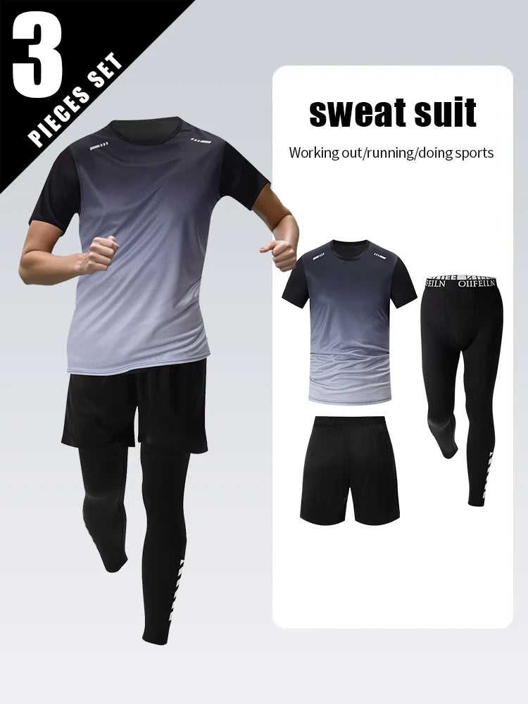 3-teiliges Herren Sportset – Kurzarm, Shorts & Hose | Farbverlauf, schnelltrocknend, UV-Schutz | S–XXL