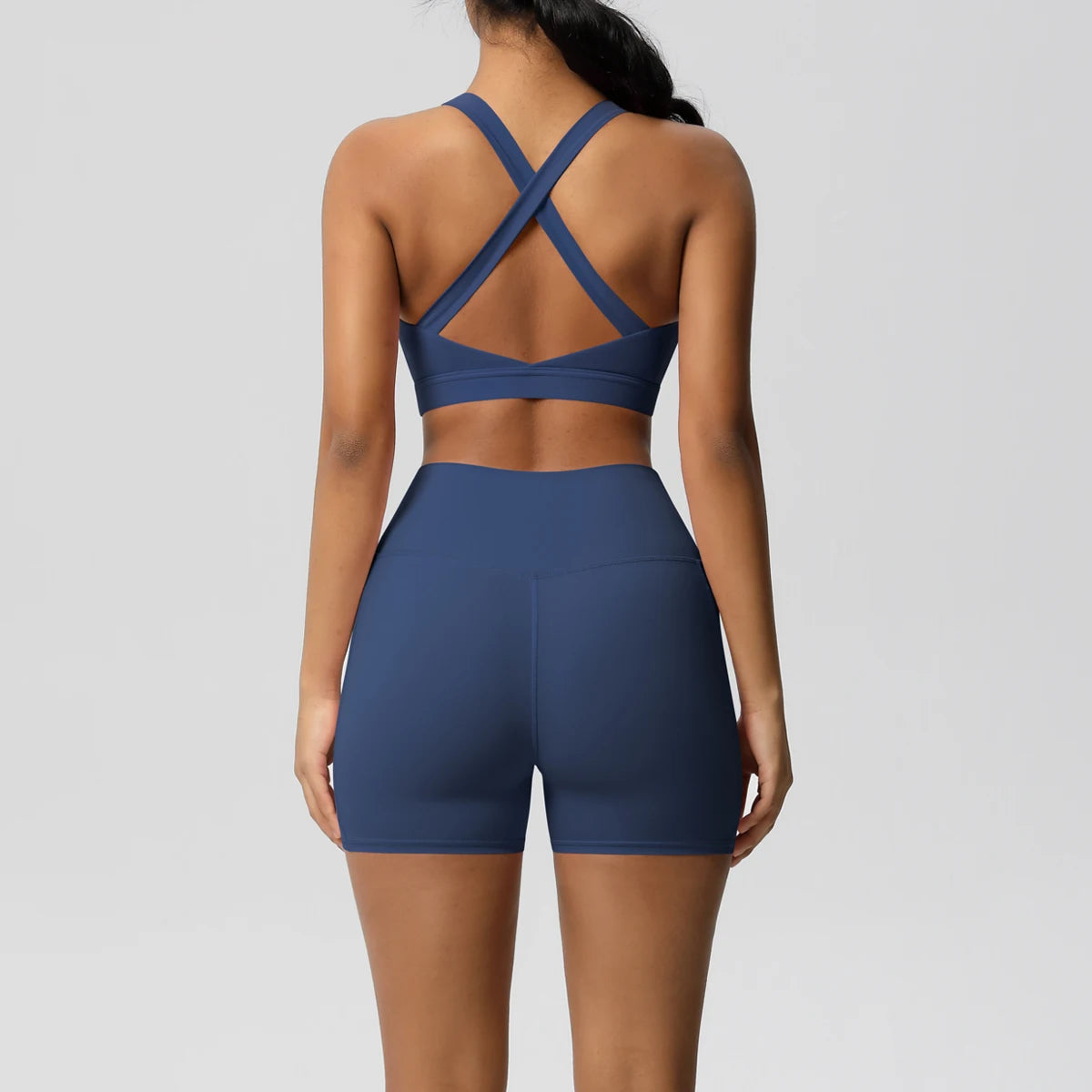 Damen Sport-Set 2-teilig mit Taschen – Crossover-BH & Leggings / Shorts für Yoga & Gym