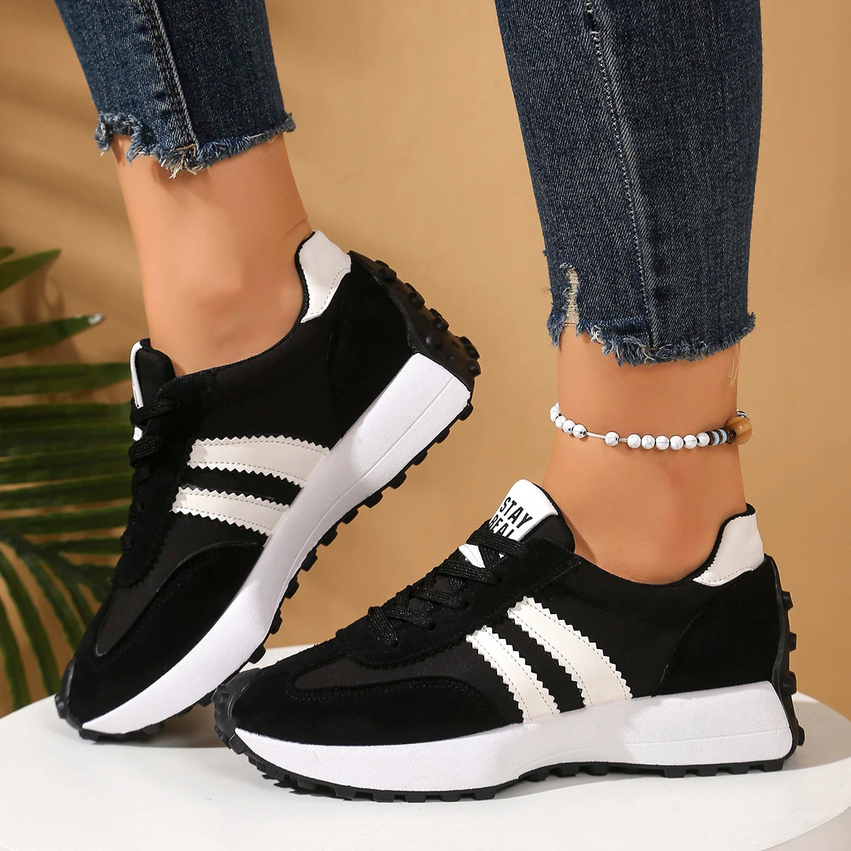 Damen Sneaker mit dicker Sohle – rutschfest, Schnürung, Frühling & Herbst