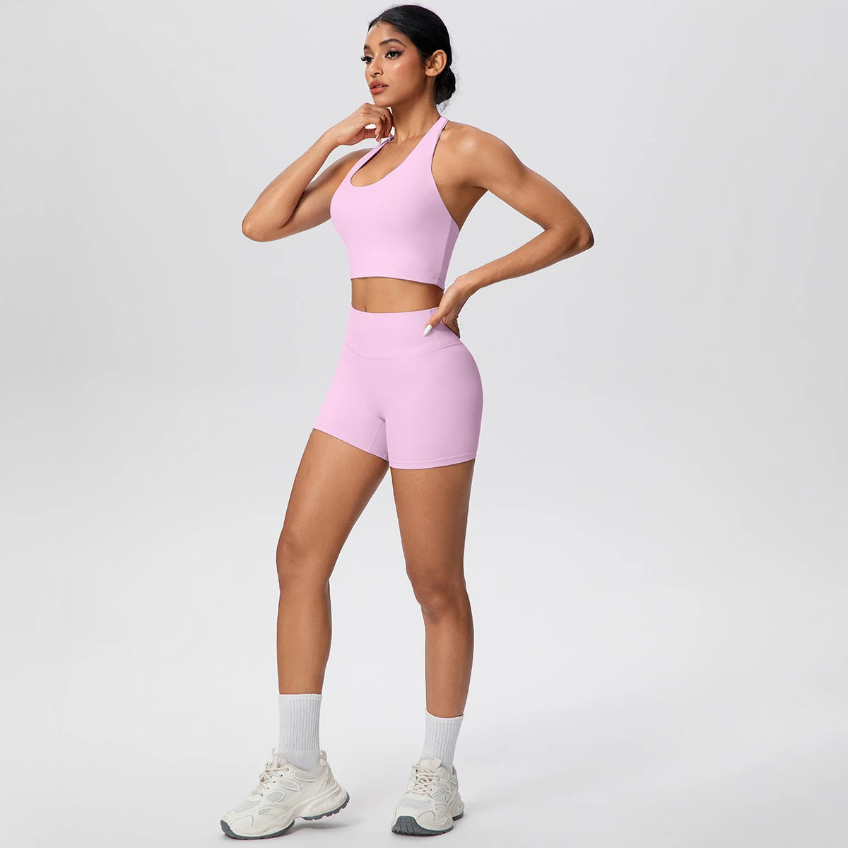 Damen Yoga-Set 2-teilig – High-Waist Shorts & Rückenfreier Neckholder-BH