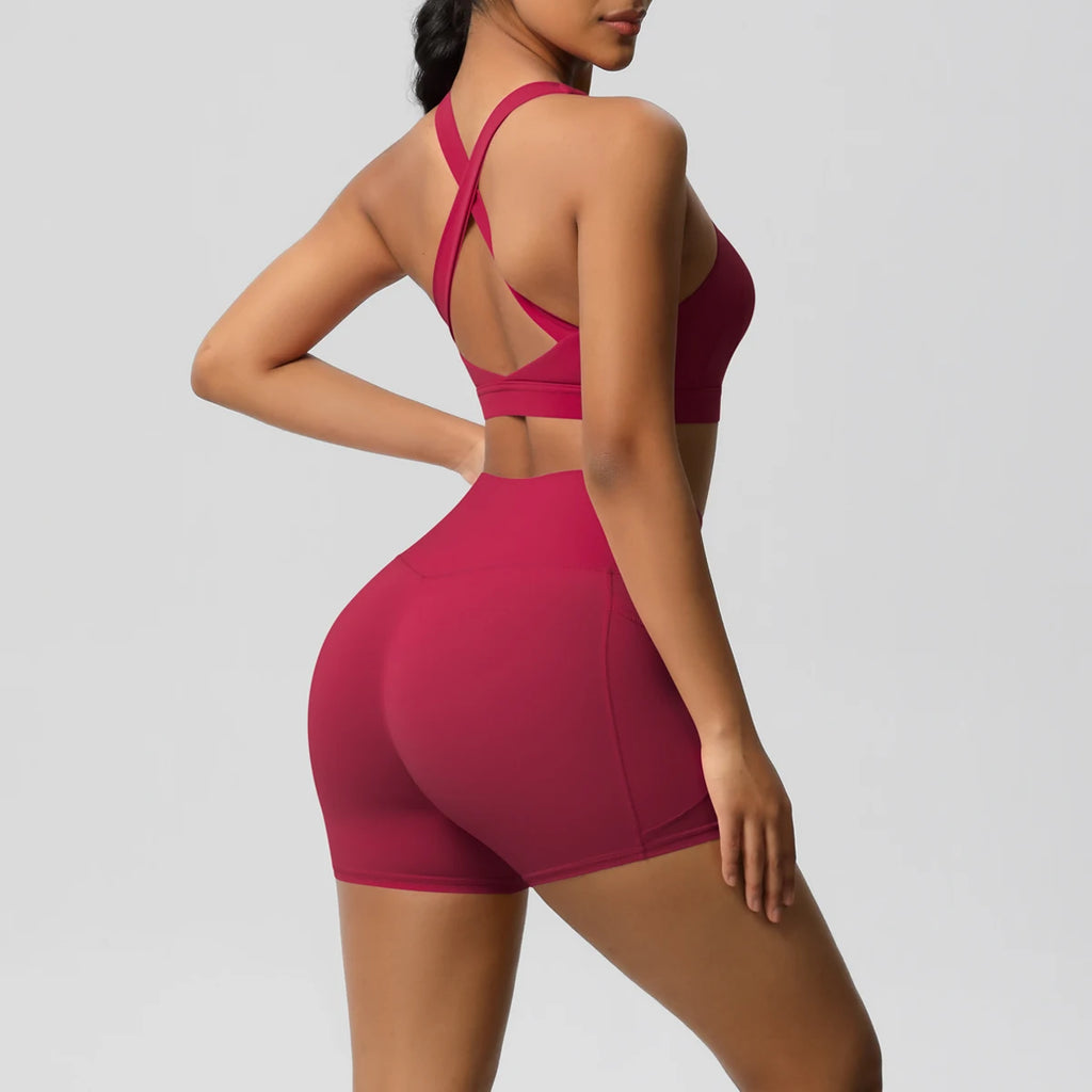 Damen Sport-Set 2-teilig mit Taschen – Crossover-BH & Leggings / Shorts für Yoga & Gym