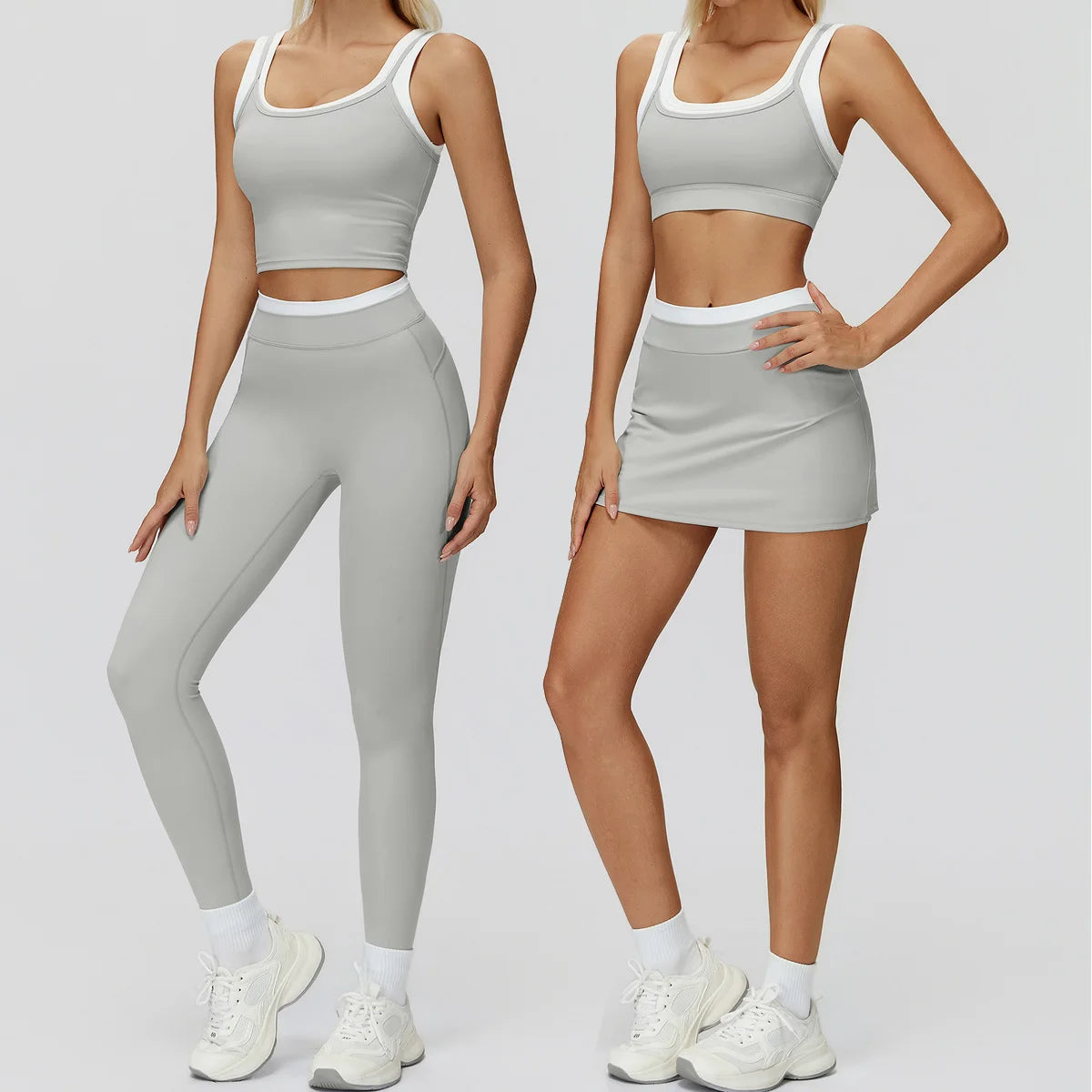 Damen Yoga Set 2-teilig – Sport-BH & Shorts / Schlaghose / Tankrock aus Nylon-Elasthan