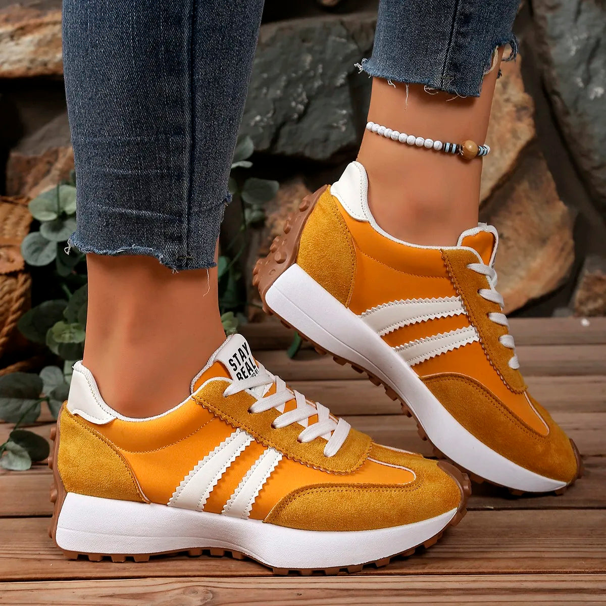 Damen Sneaker mit dicker Sohle – rutschfest, Schnürung, Frühling & Herbst